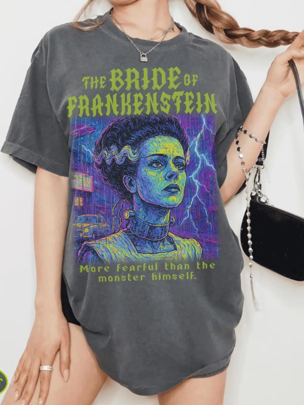 Comfort Colors Pepper Tee with Neon Green & Purple Bride of Frankenstein Graphic
